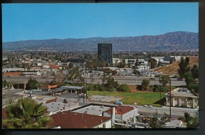 View of Universal City from across the 101 in Studio City. The Sheraton Universal Hotel is not yet built, making this view pre-1969.